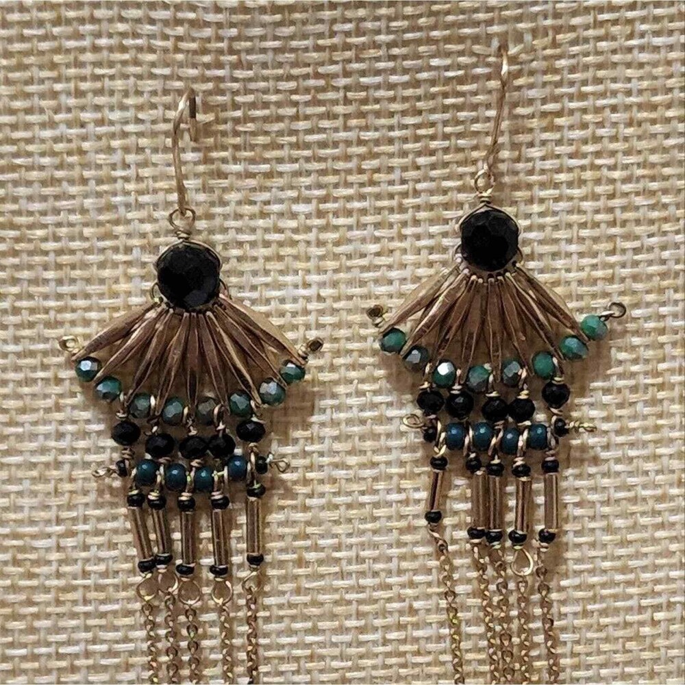 Lucky Brand Gold Teal Black Beaded Fan Chandelier Tassel Drop Earrings Boho
